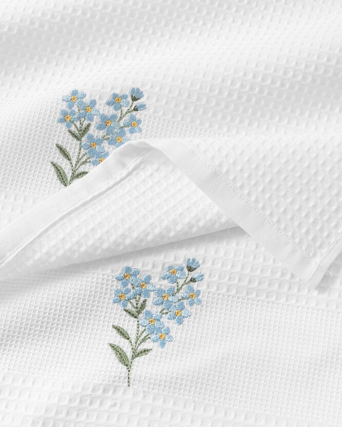 Waffel-Geschirrtuch mit Stickerei - Vergissmeinnicht auf Weiß