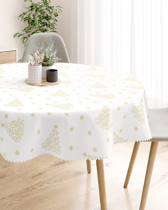 Runde Weihnachts Teflon-Tischdecke - Goldene Tannenbäume und Sterne