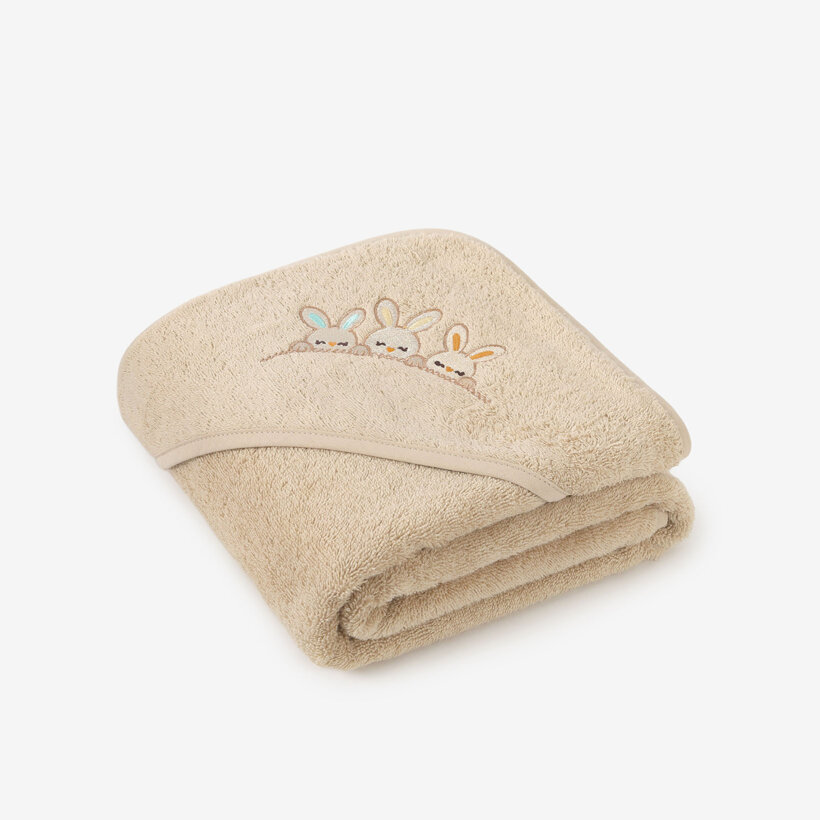 Frottee Babybadetuch mit Kapuze - Häschen auf Beige