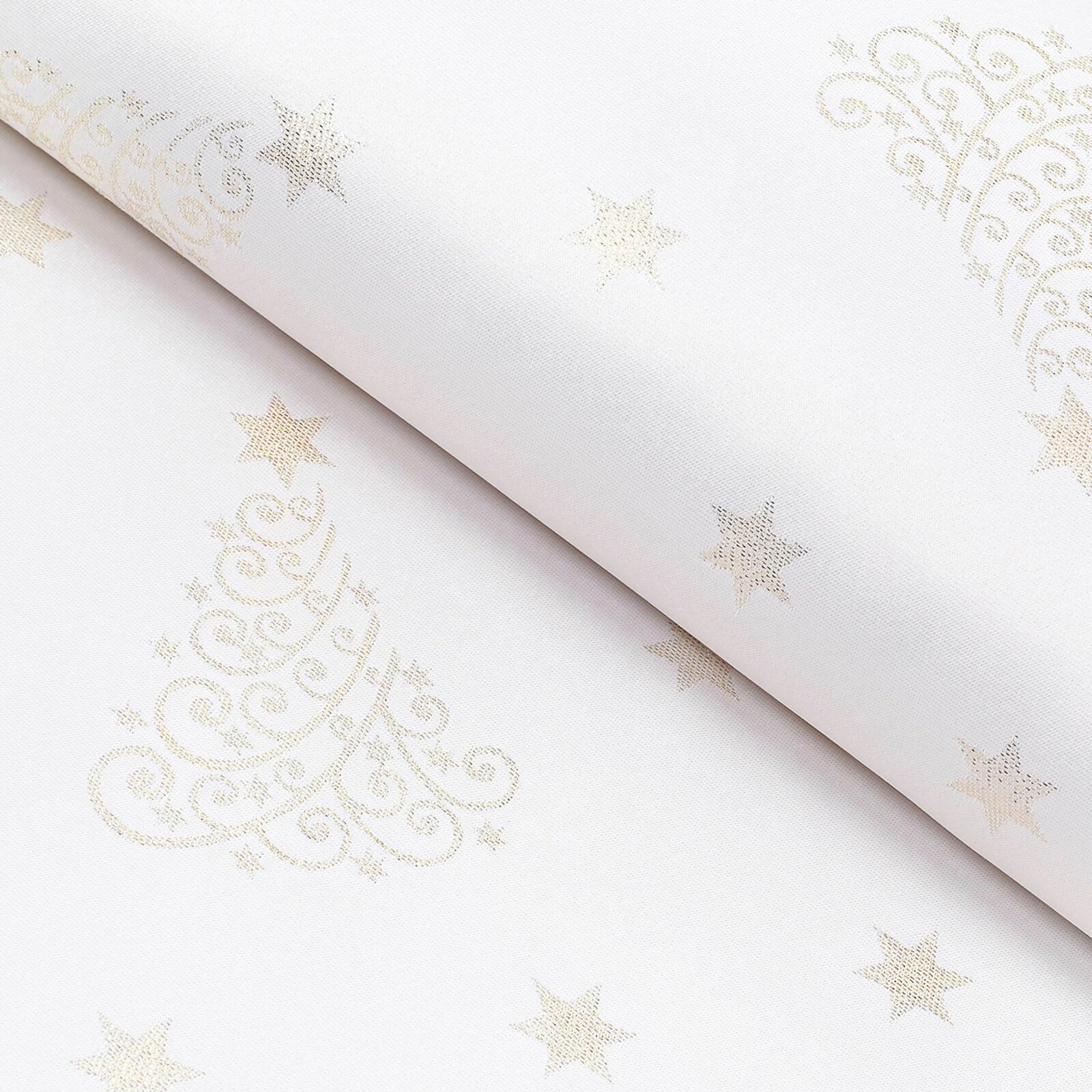 Weihnachtlicher Teflonstoff für Tischdecken – Goldene Tannenbäume und Sterne