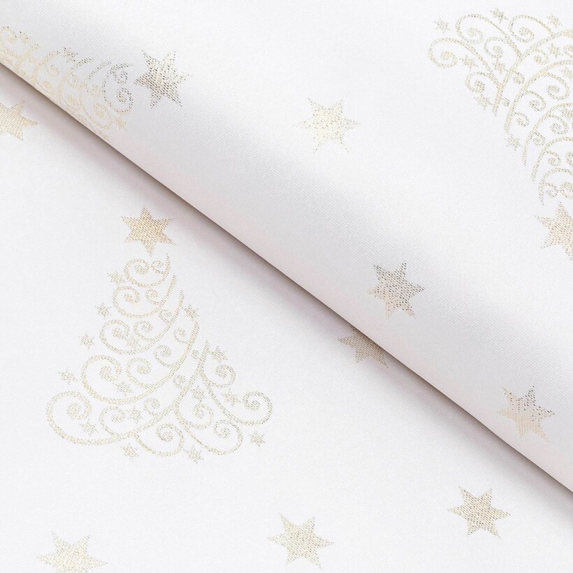 Weihnachtlicher Teflonstoff für Tischdecken – Goldene Tannenbäume und Sterne