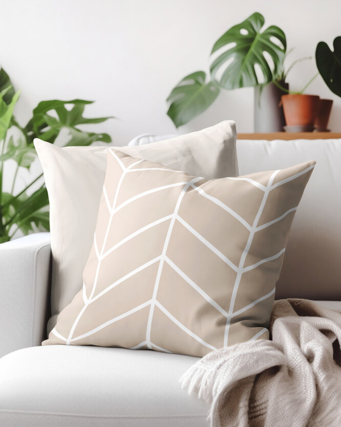 Kissenbezug aus Baumwolle - Weißer Zickzack auf Beige