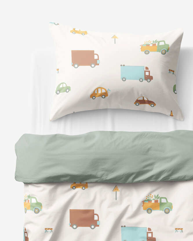 Kinder-Bettwäsche aus Baumwolle Duo - Welt der Autos mit Salbeigrün