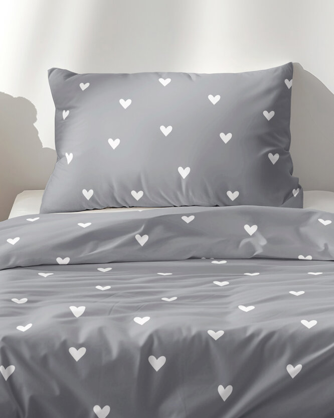 Kinder - Bettwäsche aus Baumwolle - Herzchen auf Grau
