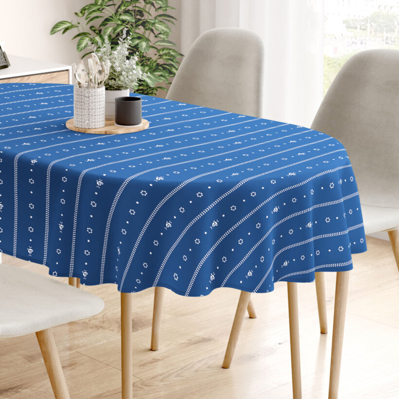 Ovale Tischdecke aus 100% Baumwolle - Blaue Folklore