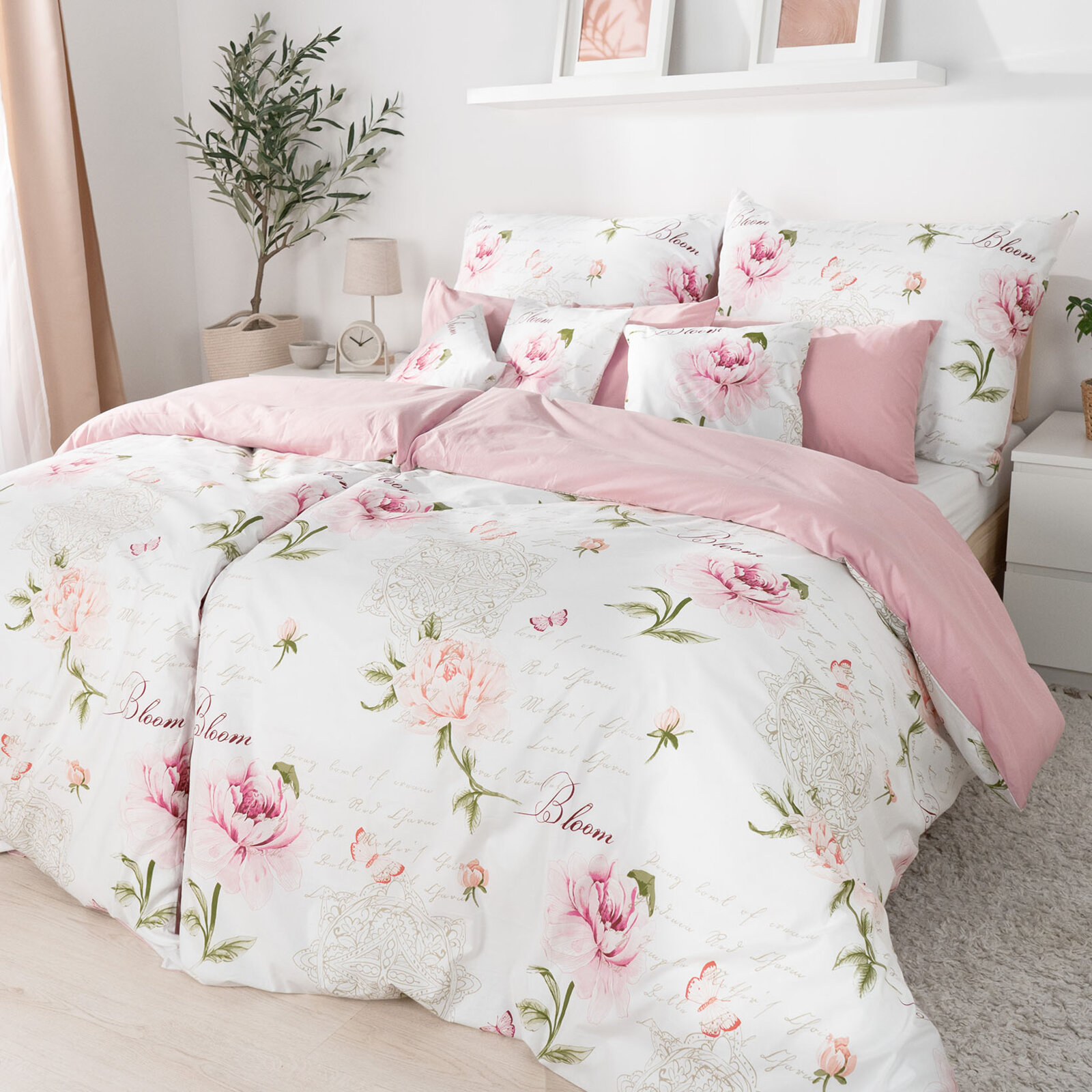 Bettwäsche aus Baumwolle Duo - Pfingstrosen und Schriftzügen mit Puderrosa