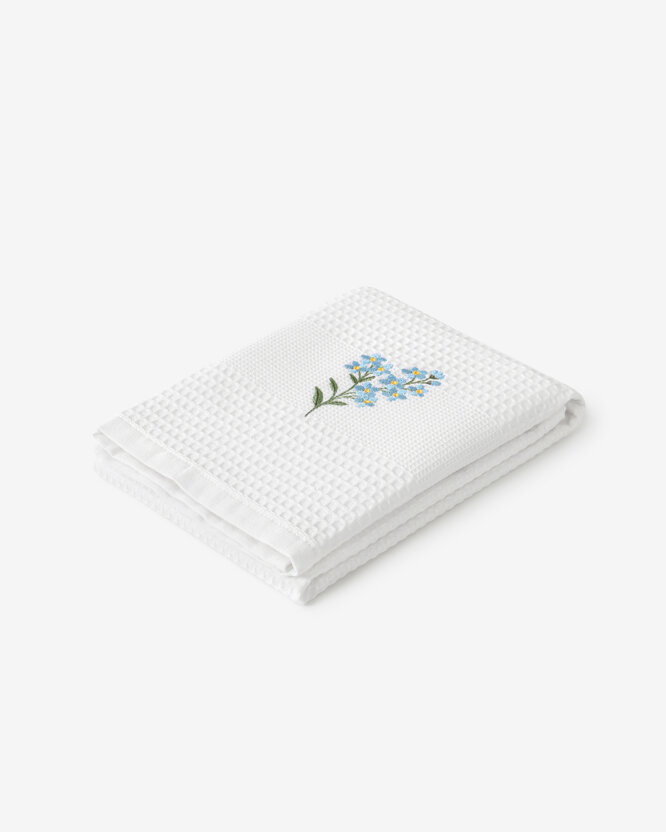 Waffel-Geschirrtuch mit Stickerei - Vergissmeinnicht auf Weiß