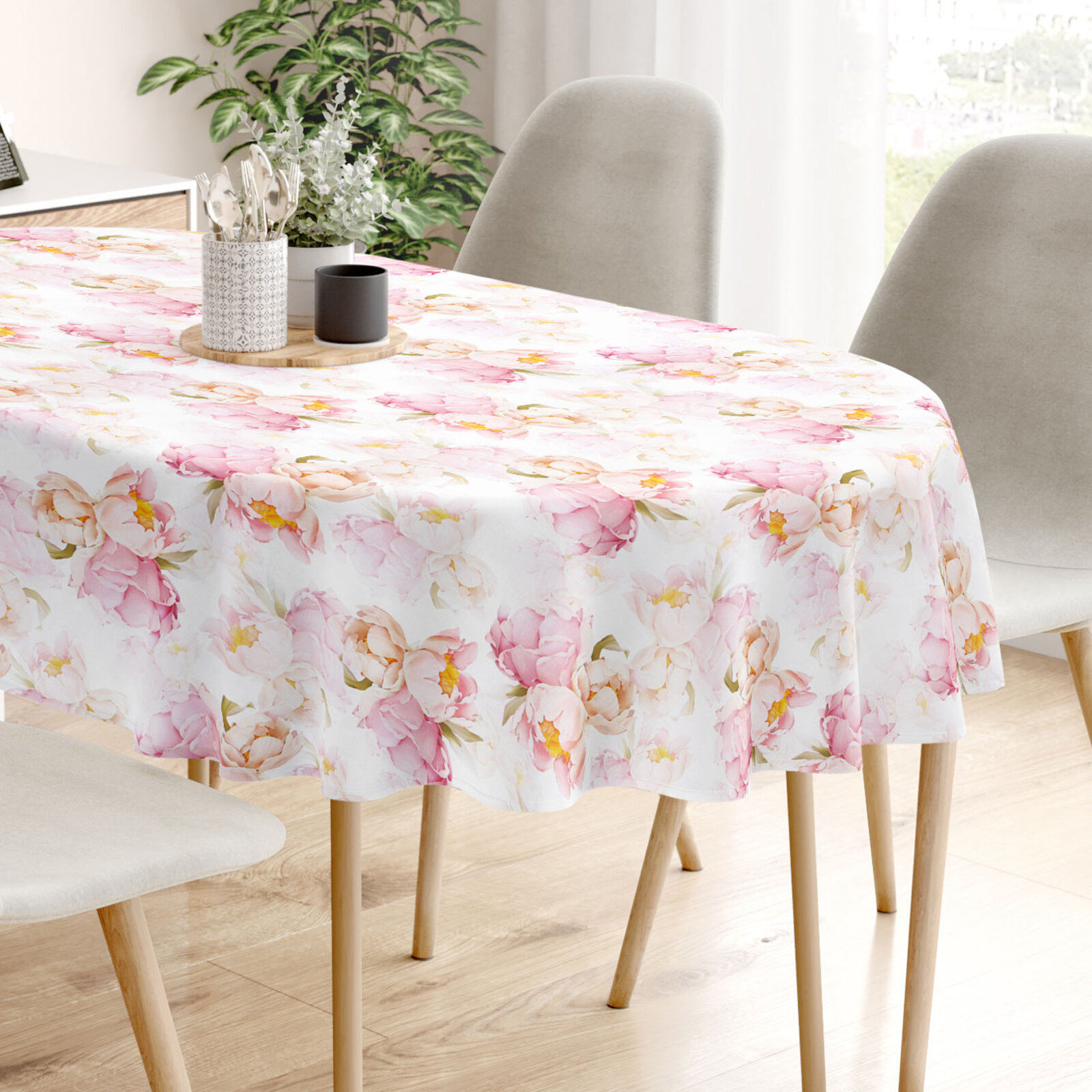 Ovale Tischdecke aus 100% Baumwolle Deluxe - blühende Pfingstrosen