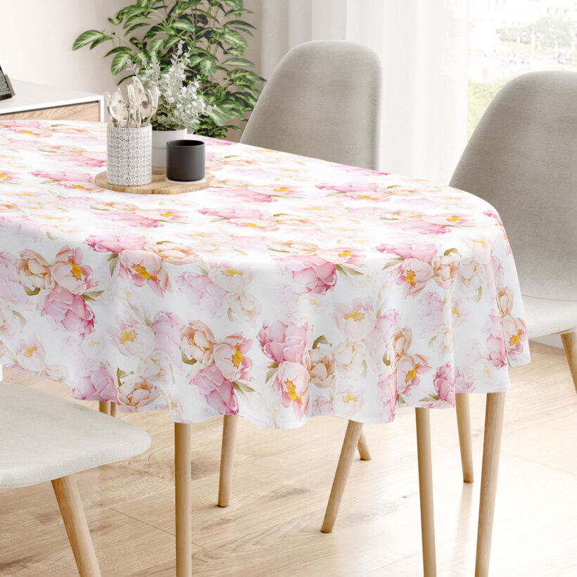 Ovale Tischdecke aus 100% Baumwolle Deluxe - blühende Pfingstrosen
