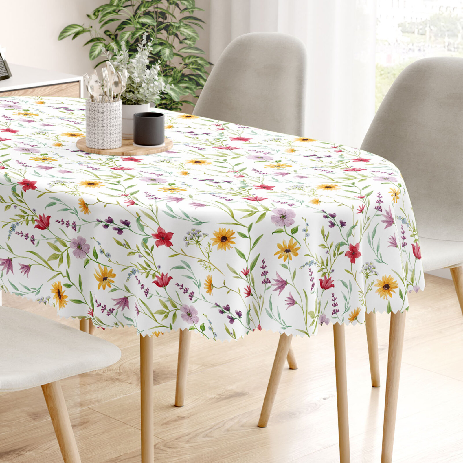 Ovale Tischdecke Teflon - bunte Frühlingsblumen