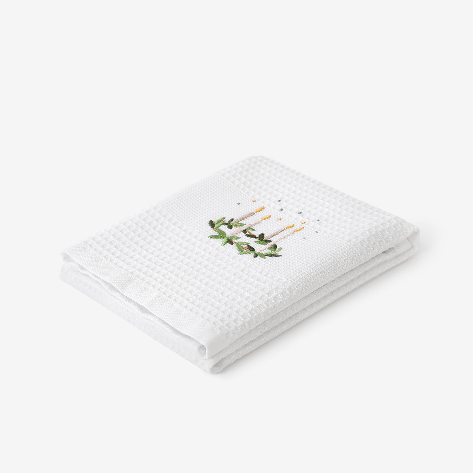 Waffel-Geschirrtuch mit Weihnachtsstickerei - Adventskranz auf Weiß