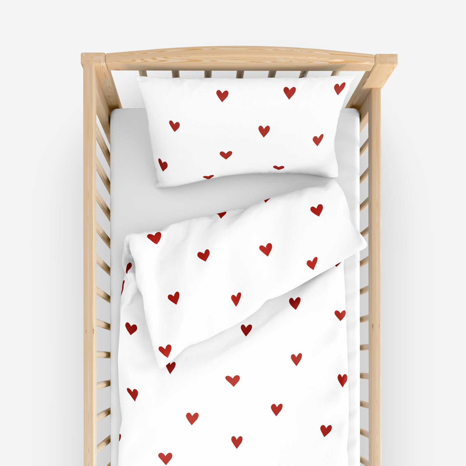 Bettwäsche für Babybetten aus Baumwolle - Rote Herzchen auf Weiß
