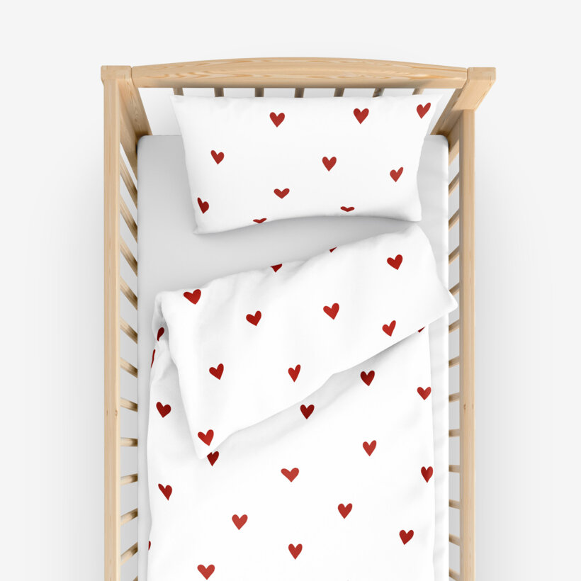Bettwäsche für Babybetten aus Baumwolle - Rote Herzchen auf Weiß