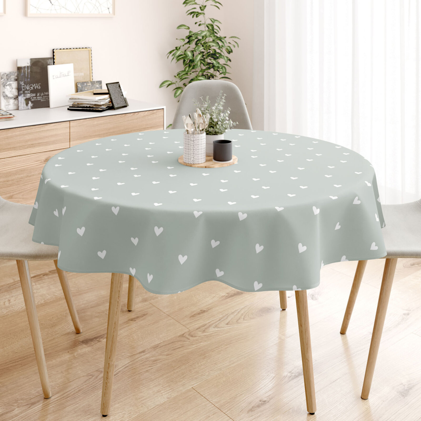 Runde Tischdecke 100% Baumwolle - Herzchen auf Salbeigrün