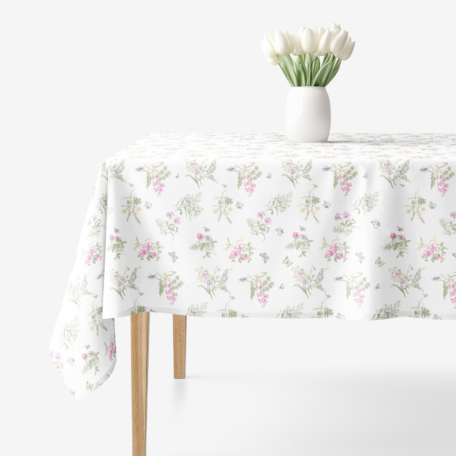 Eckige Tischdecke 100% Baumwolle - Bunte Wiesenblumen auf Weiß