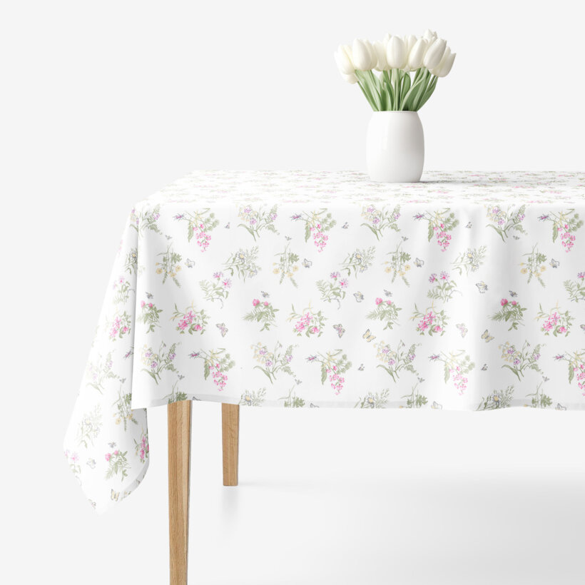 Eckige Tischdecke 100% Baumwolle - Bunte Wiesenblumen auf Weiß