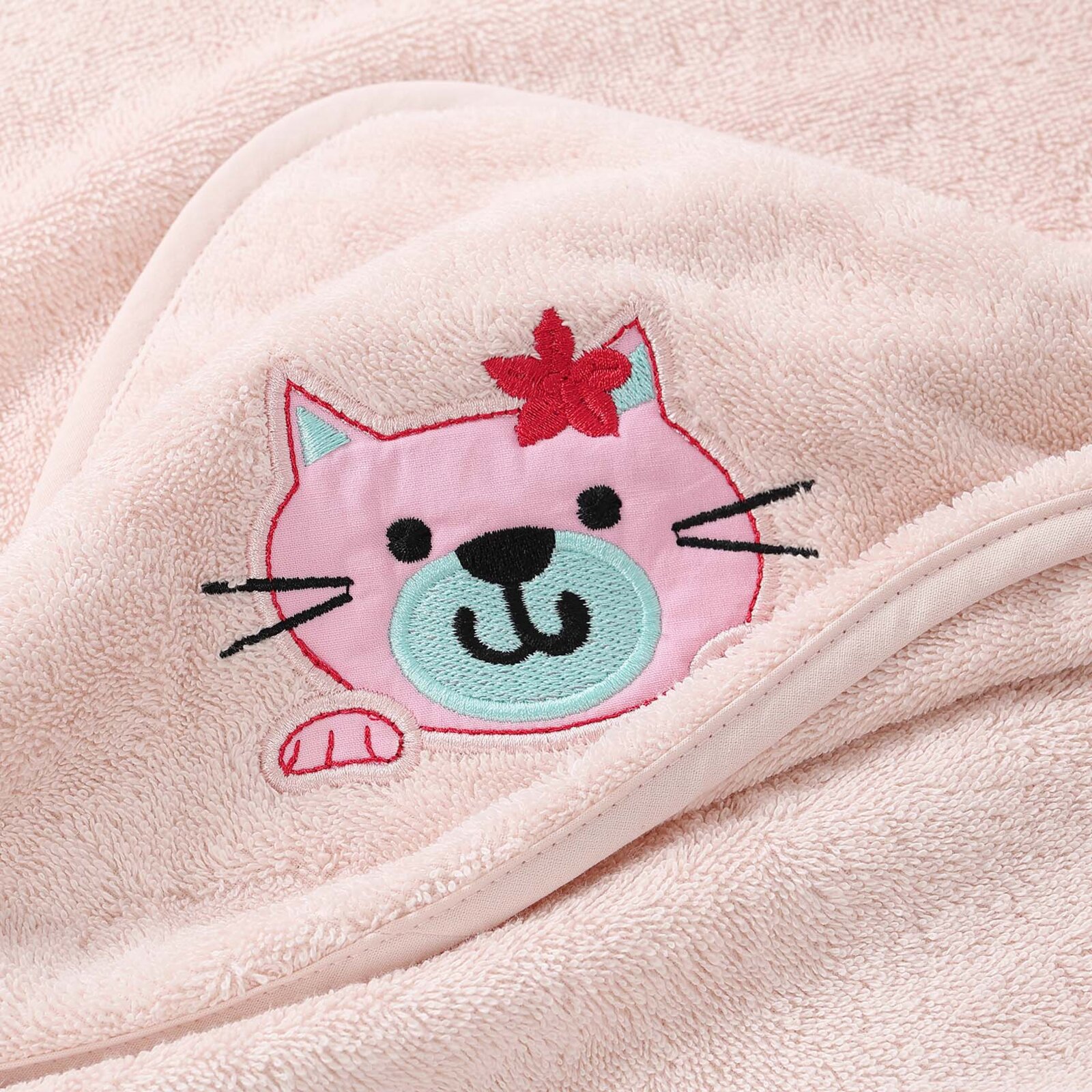 Frottee Babybadetuch mit Kapuze - Kätzchen auf Hellrosa