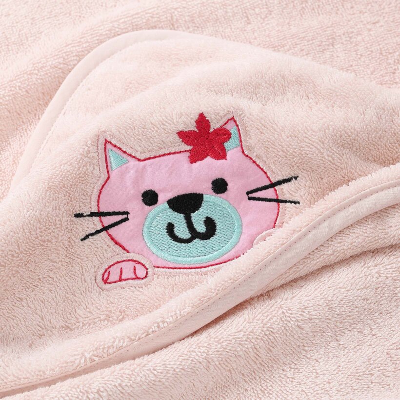 Frottee Babybadetuch mit Kapuze - Kätzchen auf Hellrosa