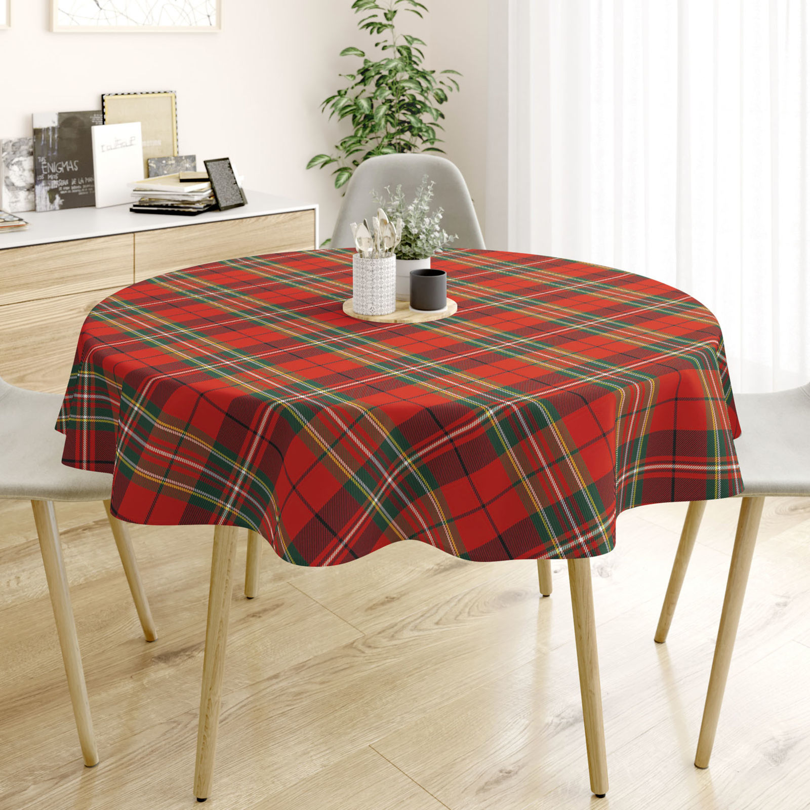 Runde Tischdecke 100% Baumwolle - rotes Karo