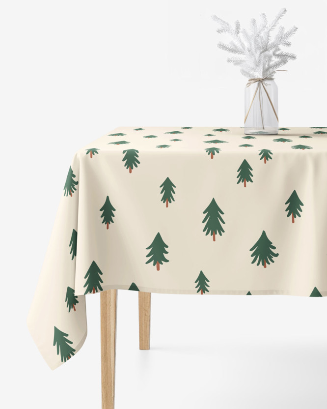 Weihnachtliche eckige Tischdecke 100% Baumwollköper - Bäumchen auf natur