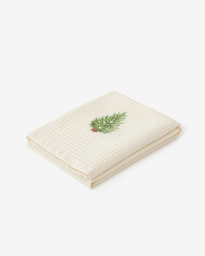 Waffel-Geschirrtuch mit Weihnachtsstickerei - Baum auf cremefarbenem Grund