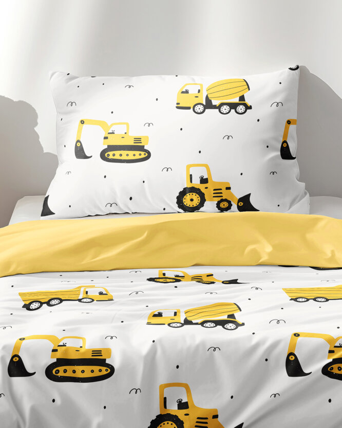 Kinder-Bettwäsche aus Baumwolle Duo - Bagger und Baufahrzeuge mit gelb