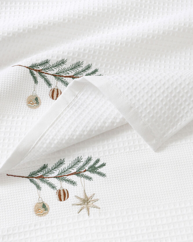 Waffel-Geschirrtuch mit Weihnachtsstickerei - Kugeln am Zweig auf Weiß