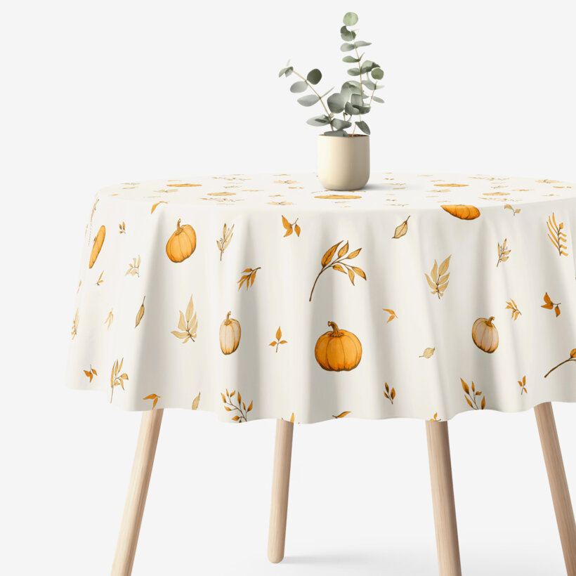 Runde Tischdecke 100% Baumwolle - Herbstkürbisse und Blätter
