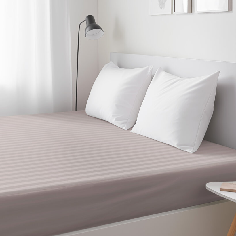 Spannbettlaken aus Damask - graubraun Streifen mit Satin-Glanz