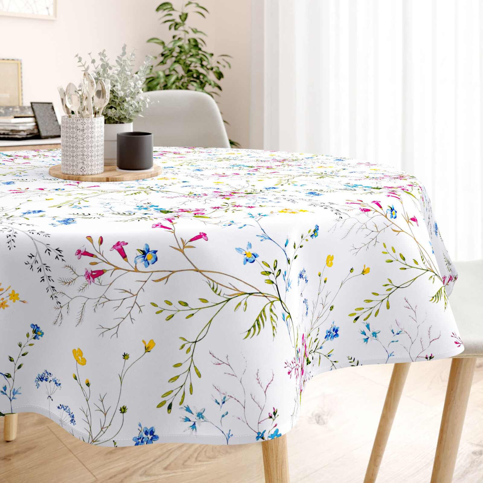 Runde Tischdecke 100% Baumwolle - Gemalte Wiesenblumen
