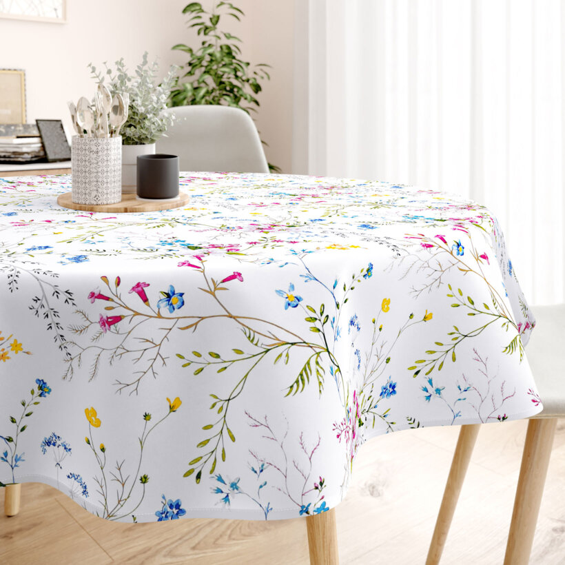 Runde Tischdecke 100% Baumwolle - Gemalte Wiesenblumen