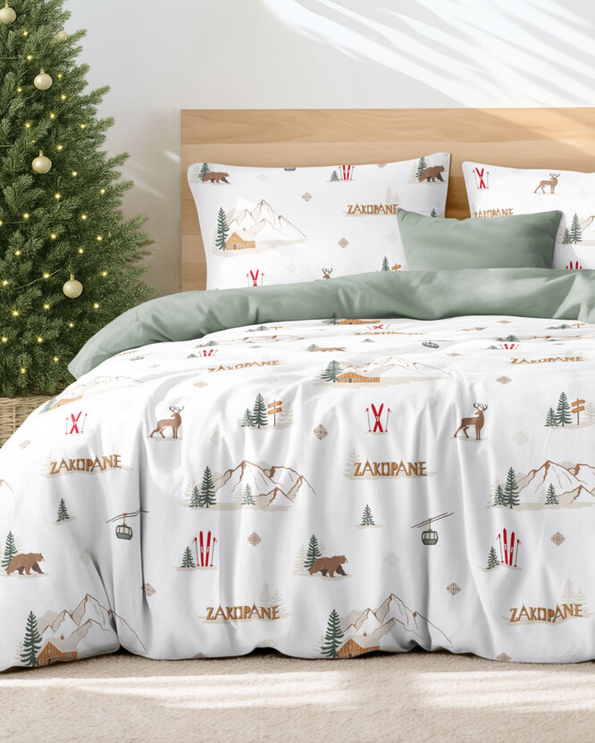 Weihnachts-Bettwäsche aus Baumwolle Duo - Zakopane mit Salbeigrün