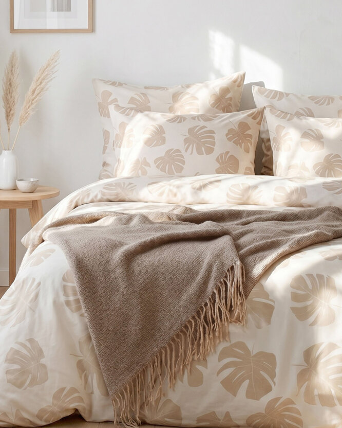Bettwäsche aus Baumwolle - Tropische Blätter auf Beige