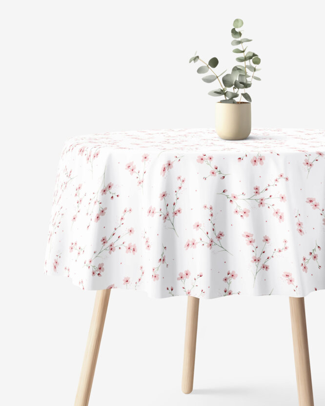 Runde Tischdecke 100% Baumwolle - Blühende Sakura-Kirschbäume