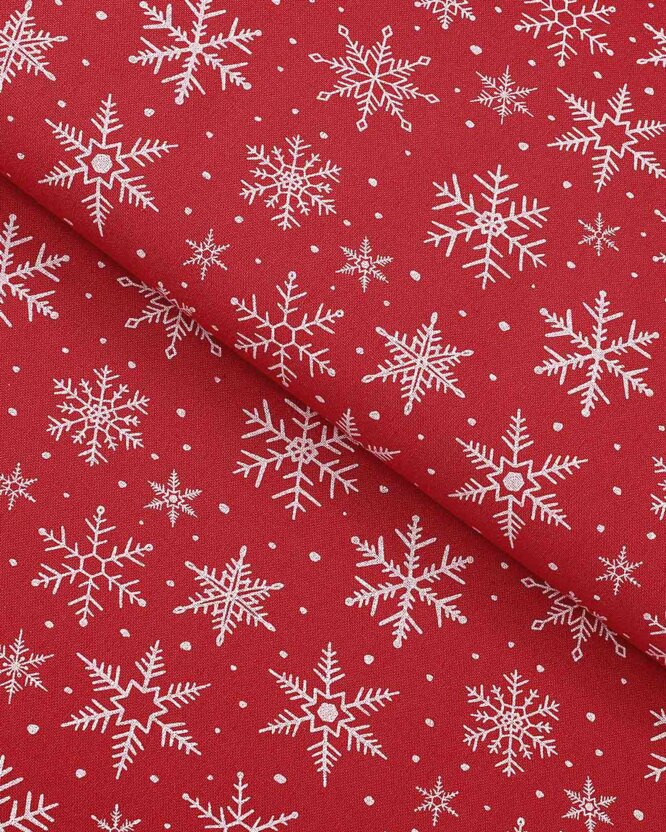 Weihnachtsstoff Valencia - Weiße Flocken auf Rot