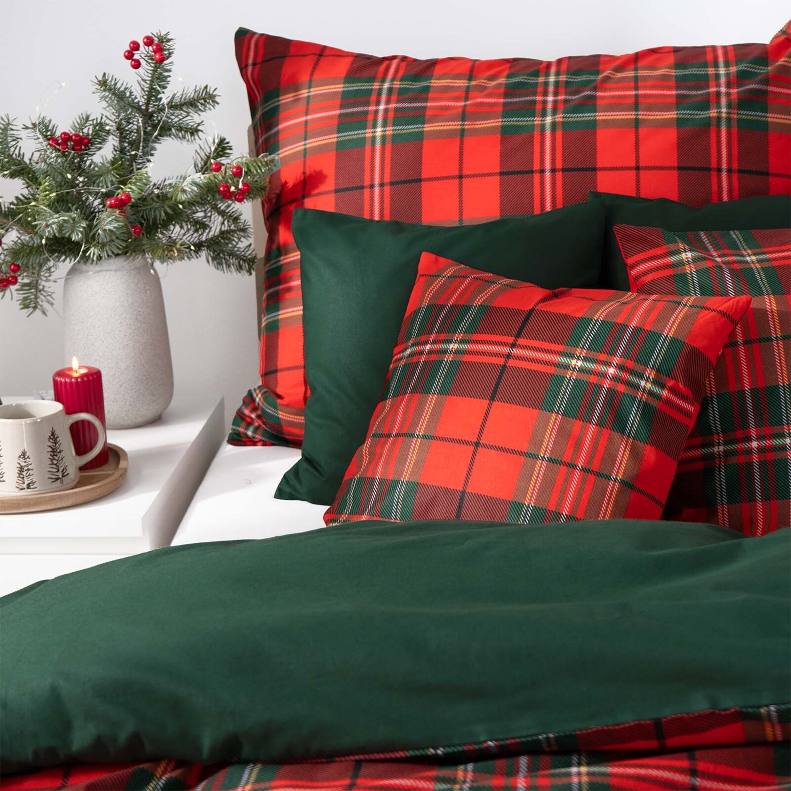 Weihnachtlich Bettwäsche aus Baumwolle Duo - rotes Karo mit Dunkelgrün