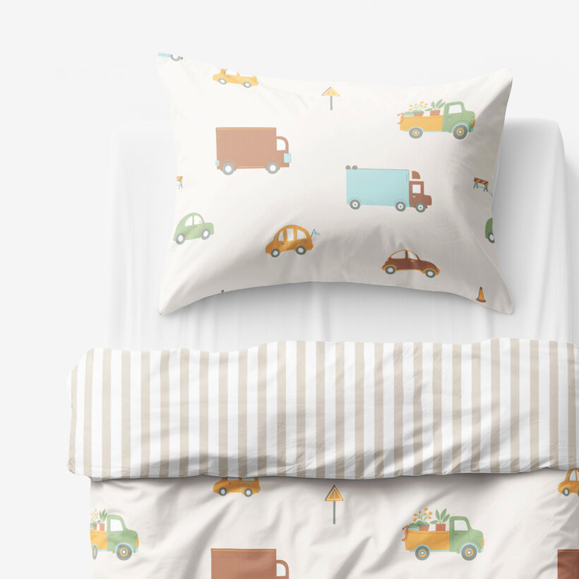 Kinder-Bettwäsche aus Baumwolle - Welt der Autos mit latte Streifen