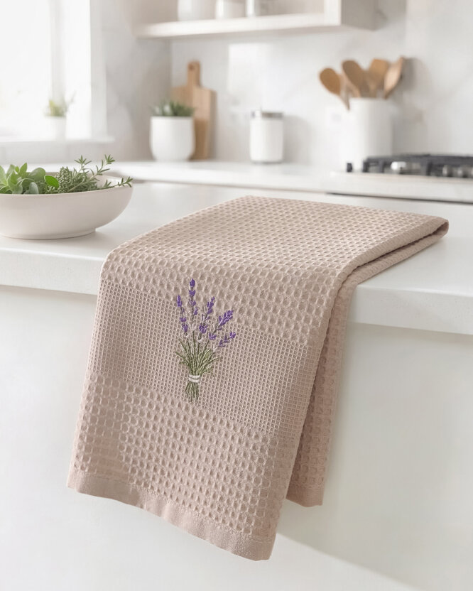 Waffel-Geschirrtuch mit Stickerei - Lavendel auf Braun