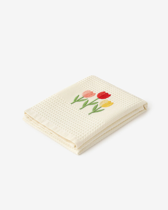 Waffel-Geschirrtuch mit Stickerei - Tulpen auf Creme