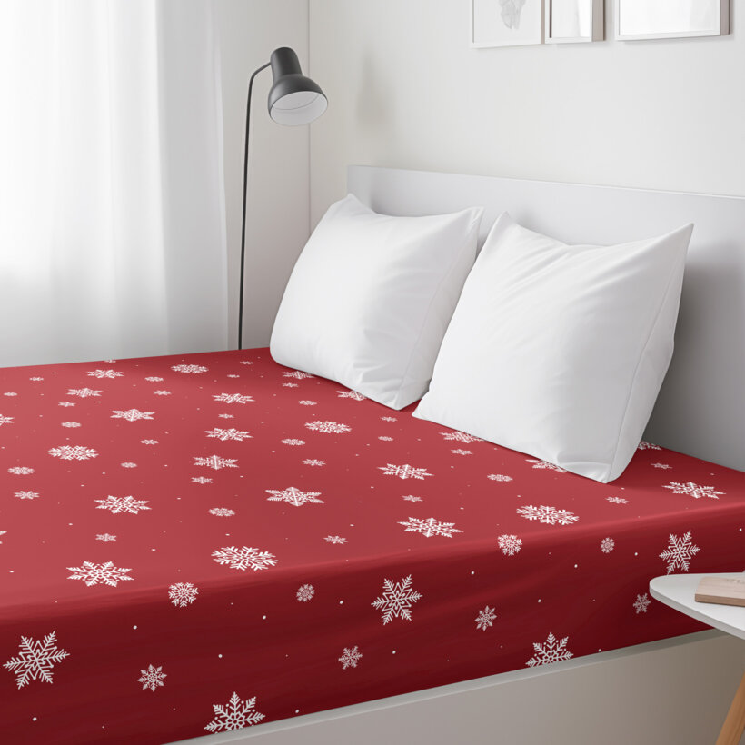 Weihnachtliches Spannbettlaken aus Baumwolle - Schneeflocken auf Rot