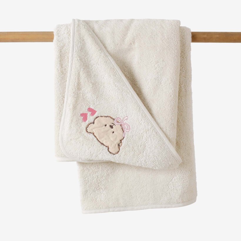 Frottee Babybadetuch mit Kapuze - Bärchen auf Beige