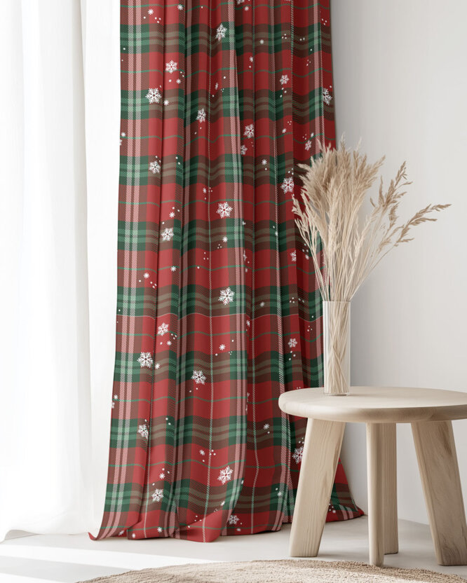 Weihnachtlicher Dekorativer Vorhang – Rotkariert mit Schneeflocken