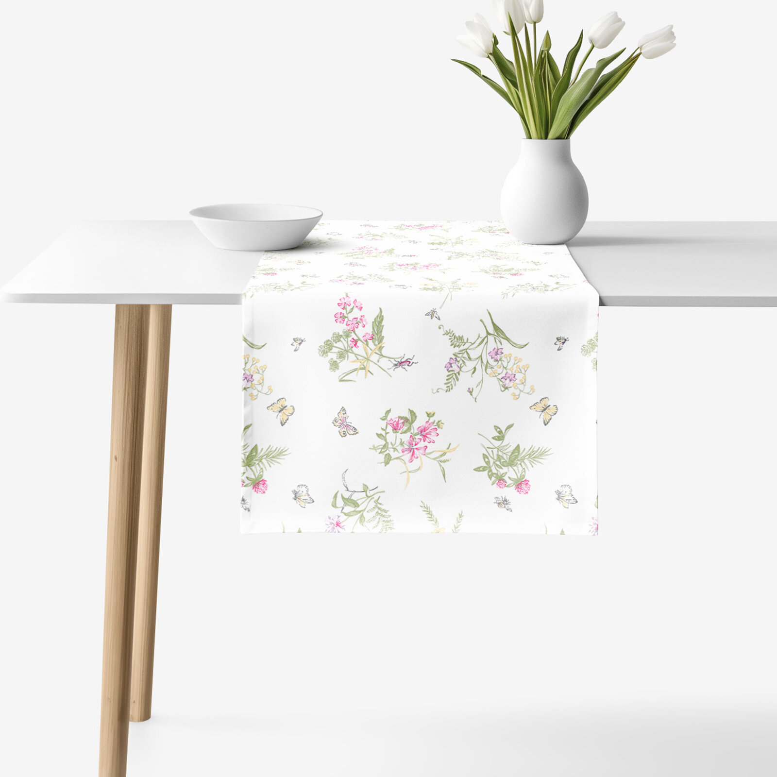 Tischläufer aus 100% Baumwolle - Bunte Wiesenblumen auf Weiß