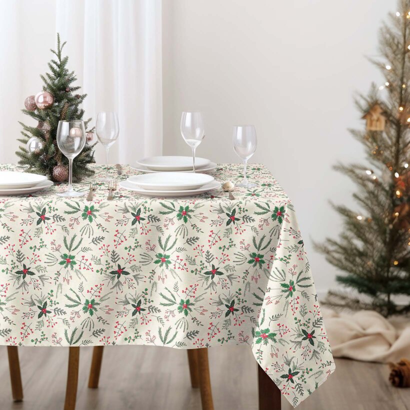 Weihnachtliche eckige Tischdecke Valencia - Zweige auf Naturfarbe
