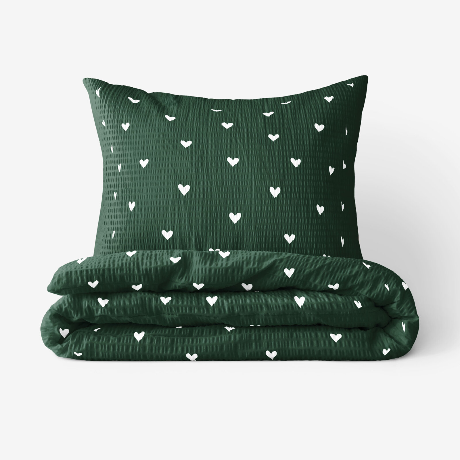 Weihnachtlich Seersucker Bettwäsche - Herzchen auf Dunkelgrün