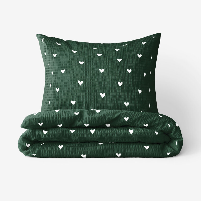 Weihnachtlich Seersucker Bettwäsche - Herzchen auf Dunkelgrün