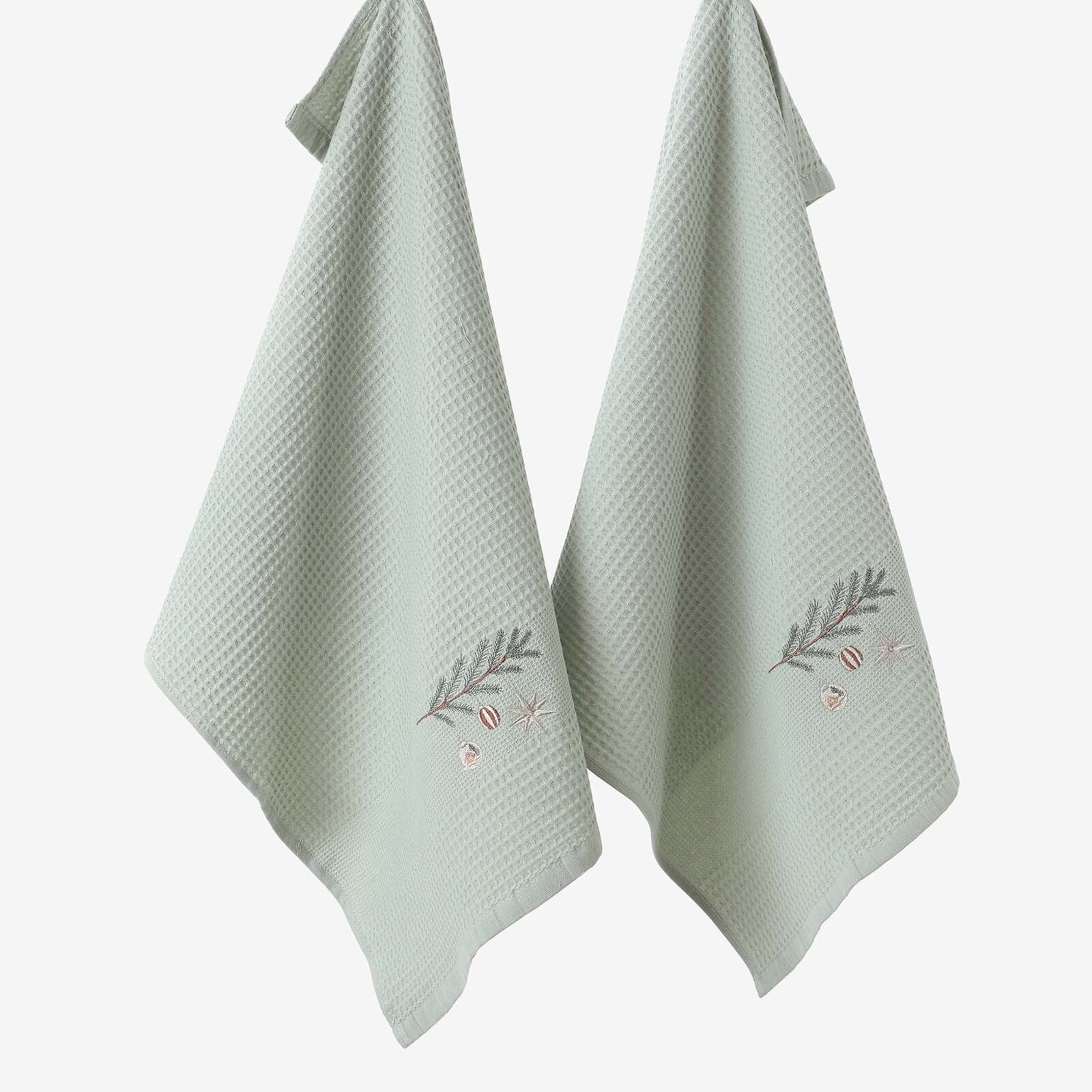 Waffel-Geschirrtuch mit Weihnachtsstickerei - Kugeln am Zweig auf Salbeigrün