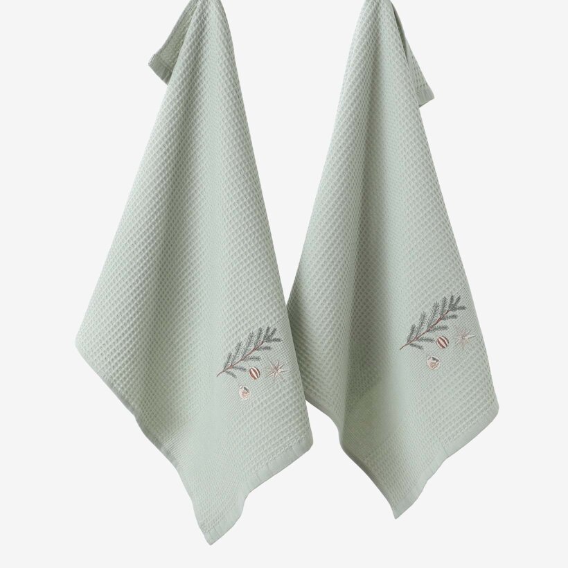 Waffel-Geschirrtuch mit Weihnachtsstickerei - Kugeln am Zweig auf Salbeigrün