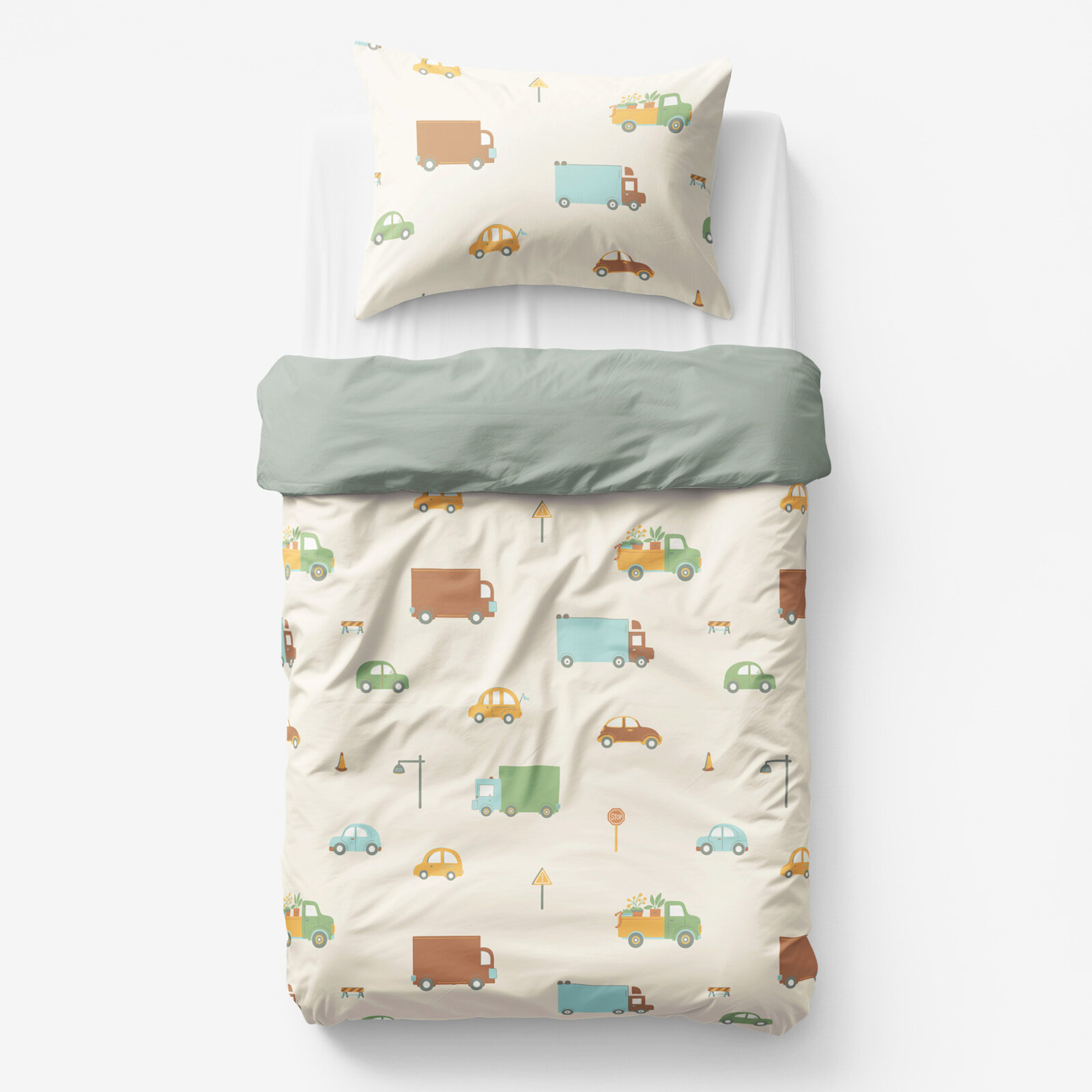 Kinder-Bettwäsche aus Baumwolle Duo - Welt der Autos mit Salbeigrün