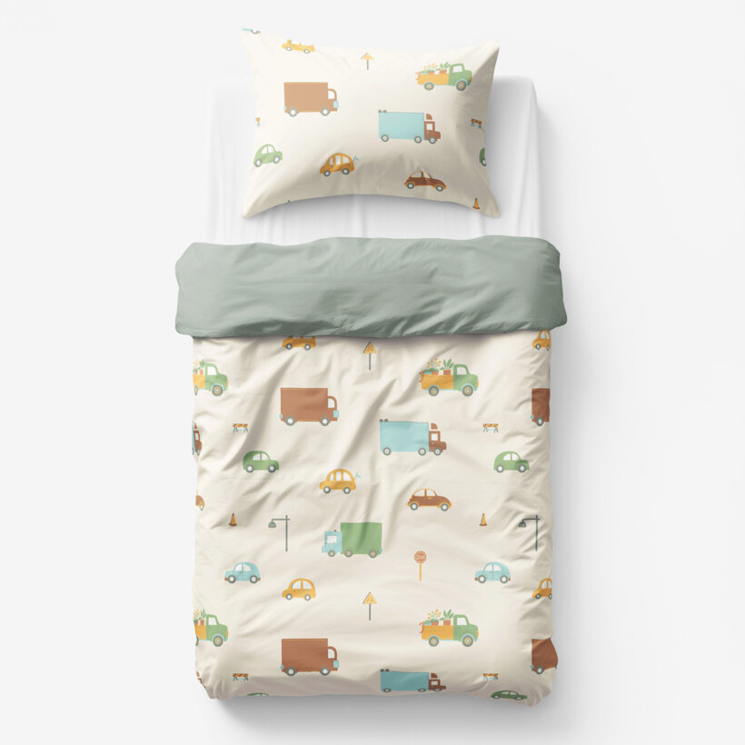 Kinder-Bettwäsche aus Baumwolle Duo - Welt der Autos mit Salbeigrün